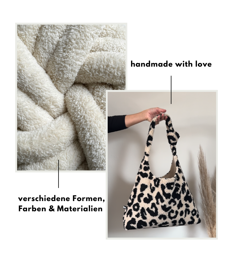 Collage aus zwei Bildern, zeigt Nahaufnahme eines Teddy-Knotenkissens und ein Bild des neuen Shoppers