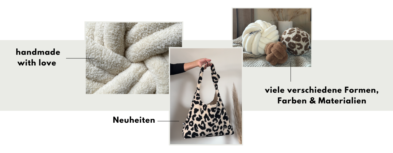Collage mit drei Bildern. Nahaufnahme eines Teddy-Swirlknotenkissens, eines Shoppers und drei Dekorationskissen.